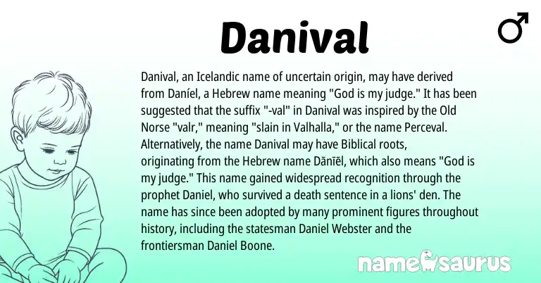 Infographic about Danival name meaning, Danival is a name from Old Norse, Hebrew, Icelandic origin(s).