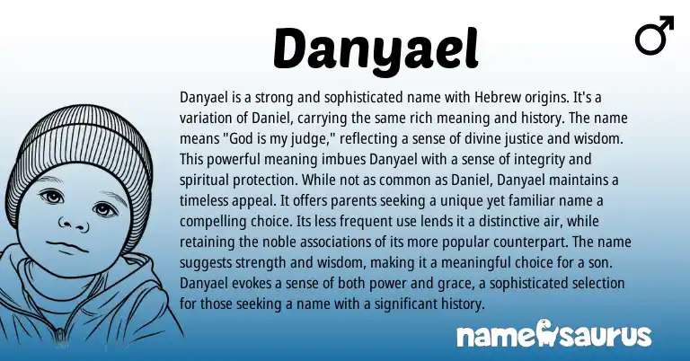 Infographic about Danyael name meaning, Danyael is a name from Hebrew origin(s).