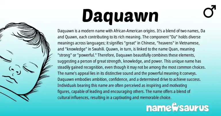 Infographic about Daquawn name meaning, Daquawn is a name from Chinese, Vietnamese, Swahili origin(s).