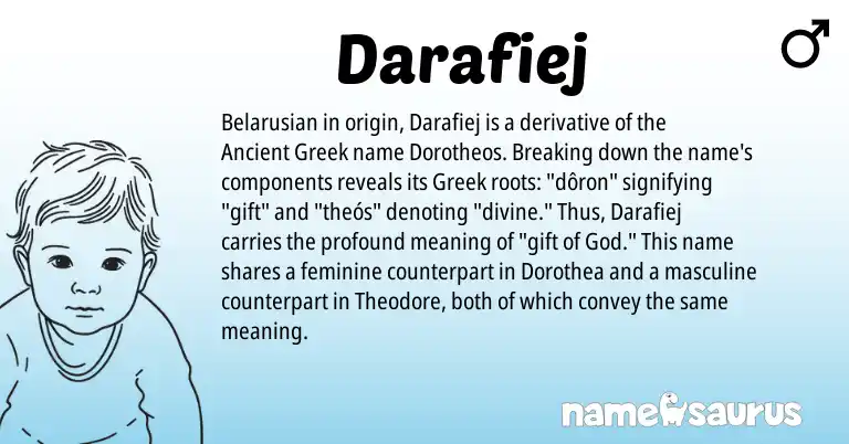 Infographic about Darafiej name meaning, Darafiej is a name from Ancient Greek, Belarusian, Greek origin(s).