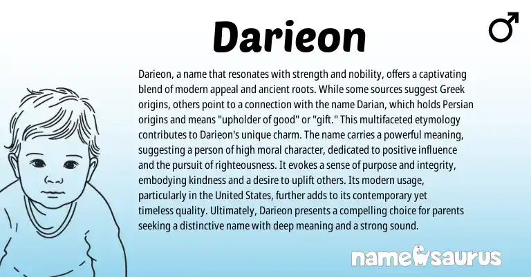 Infographic about Darieon name meaning, Darieon is a name from Greek, Persian origin(s).