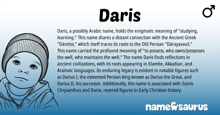 Infographic about Daris name meaning, Daris is a name from Akkadian, Ancient Greek, Old Persian, Aramaic, Arabic, Persian origin(s).