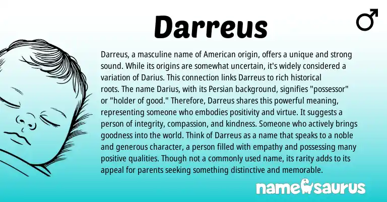 Infographic about Darreus name meaning, Darreus is a name from American, Persian origin(s).