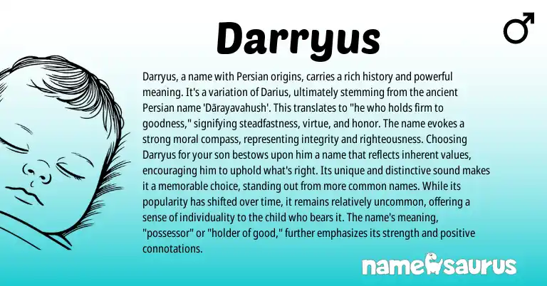 Infographic about Darryus name meaning, Darryus is a name from Persian origin(s).