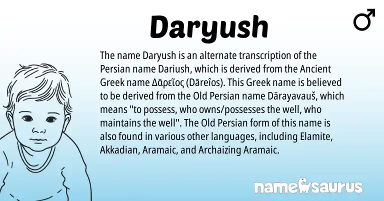 Infographic about Daryush name meaning, Daryush is a name from Akkadian, Ancient Greek, Old Persian, Aramaic, Persian, Greek origin(s).