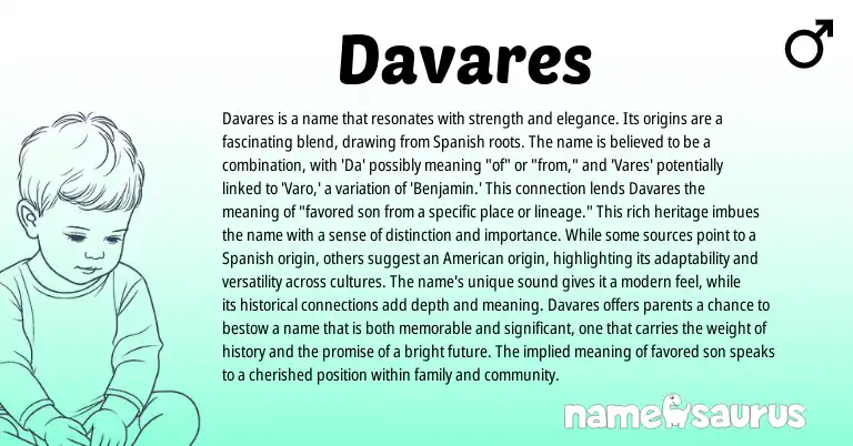 Infographic about Davares name meaning, Davares is a name from Spanish origin(s).