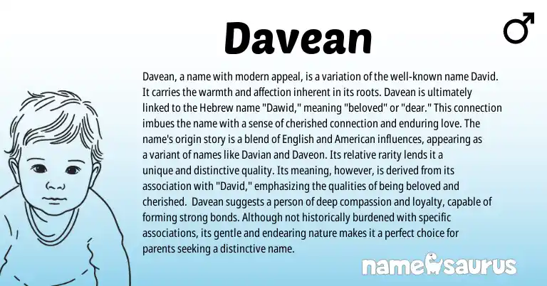 Infographic about Davean name meaning, Davean is a name from Hebrew origin(s).