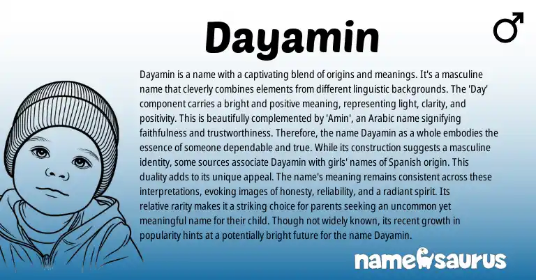 Infographic about Dayamin name meaning, Dayamin is a name from Arabic origin(s).