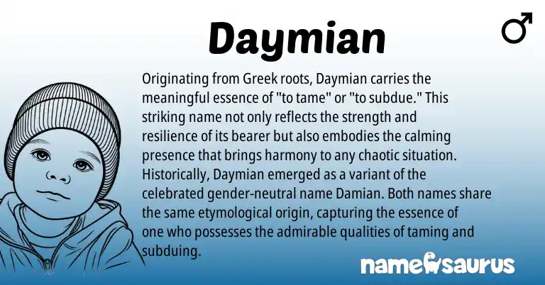 Infographic about Daymian name meaning, Daymian is a name from Greek origin(s).