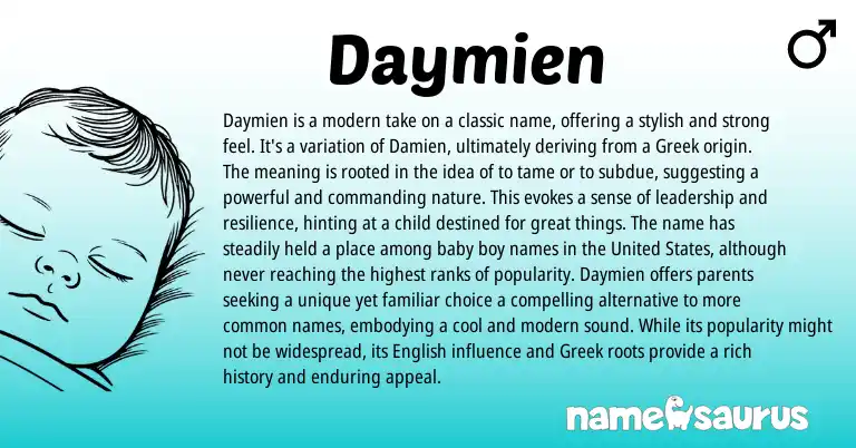Infographic about Daymien name meaning, Daymien is a name from Greek origin(s).
