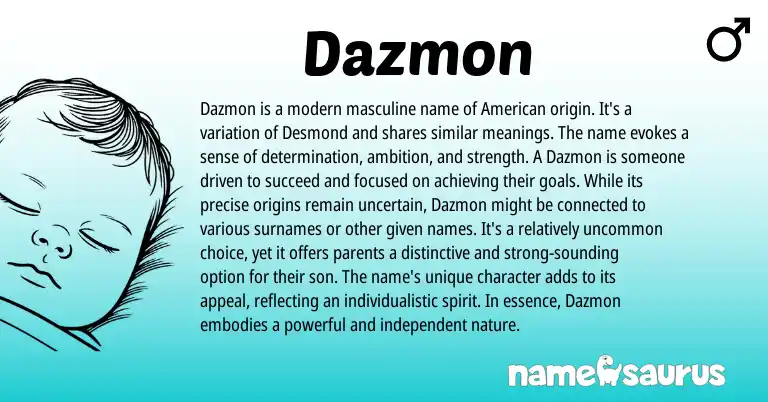 Infographic about Dazmon name meaning, Dazmon is a name from American origin(s).