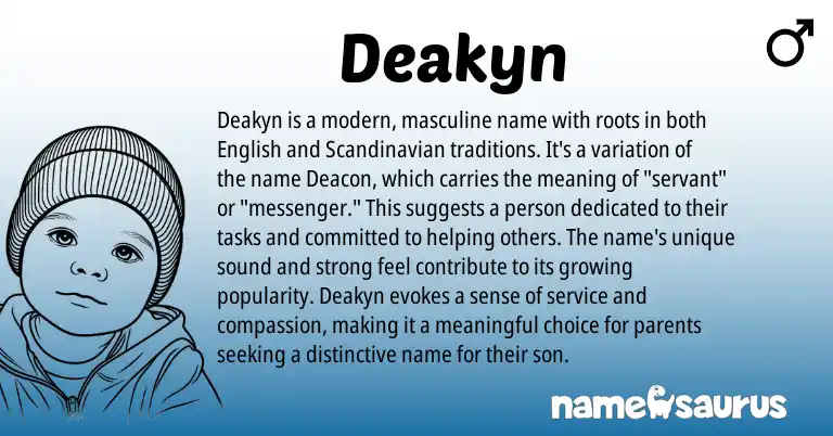 Infographic about Deakyn name meaning, Deakyn is a name from Scandinavian, English origin(s).