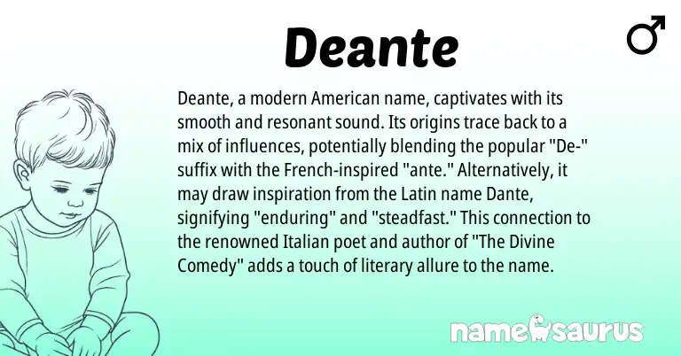 Infographic about Deante name meaning, Deante is a name from French, Latin, American, Italian origin(s).