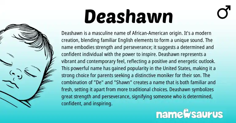 Infographic about Deashawn name meaning, Deashawn is a name from American, African origin(s).