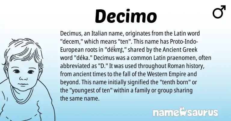 Infographic about Decimo name meaning, Decimo is a name from Ancient Greek, European, Roman, Latin, Italian origin(s).