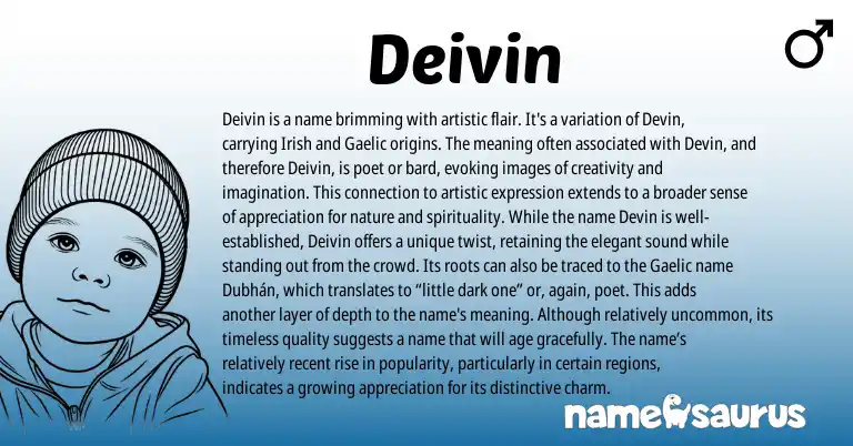Infographic about Deivin name meaning, Deivin is a name from Gaelic, Irish origin(s).