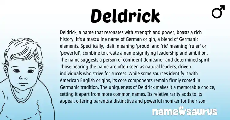 Infographic about Deldrick name meaning, Deldrick is a name from Germanic, English origin(s).