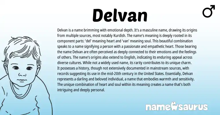 Infographic about Delvan name meaning, Delvan is a name from English, Persian origin(s).