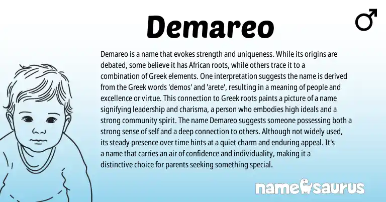 Infographic about Demareo name meaning, Demareo is a name from Greek origin(s).