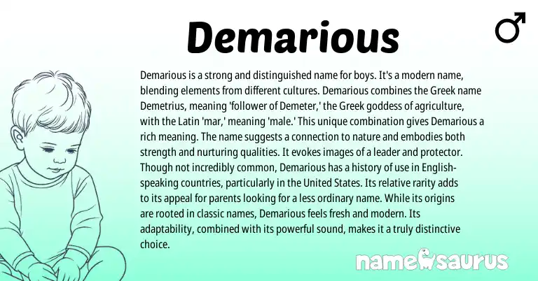 Infographic about Demarious name meaning, Demarious is a name from Greek, Latin, American origin(s).