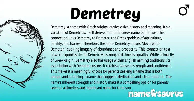 Infographic about Demetrey name meaning, Demetrey is a name from Greek, American origin(s).