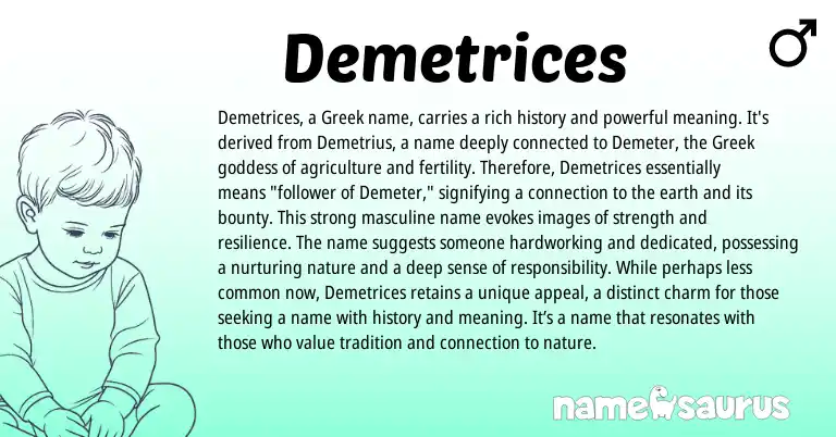 Infographic about Demetrices name meaning, Demetrices is a name from Greek origin(s).