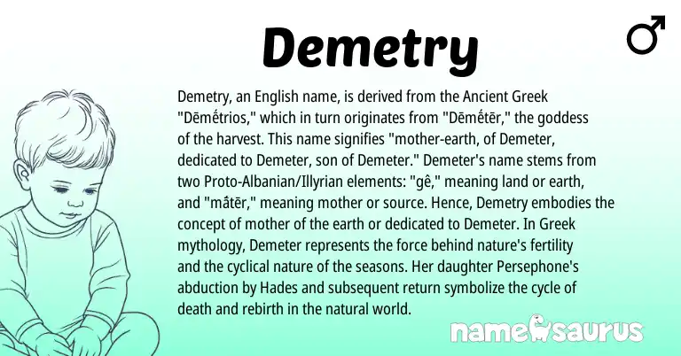 Infographic about Demetry name meaning, Demetry is a name from Greek, English, Albanian, Ancient Greek origin(s).