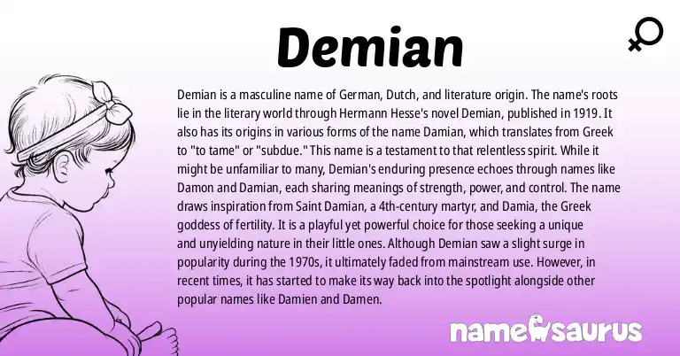 Infographic about Demian name meaning, Demian is a name from Literature, German, Dutch, Greek origin(s).
