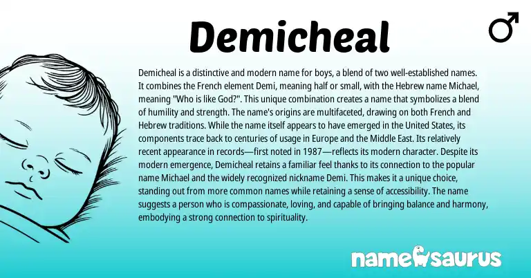 Infographic about Demicheal name meaning, Demicheal is a name from French, Hebrew, English origin(s).