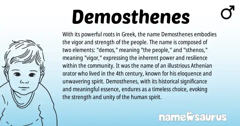 Infographic about Demosthenes name meaning, Demosthenes is a name from Greek origin(s).
