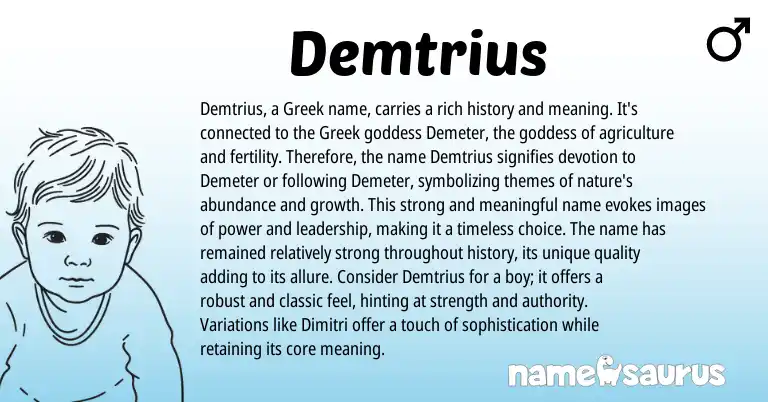Infographic about Demtrius name meaning, Demtrius is a name from Greek origin(s).