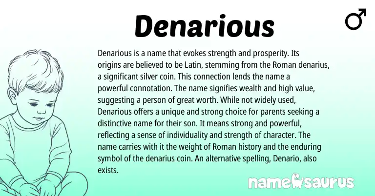 Infographic about Denarious name meaning, Denarious is a name from Latin, English, Roman origin(s).