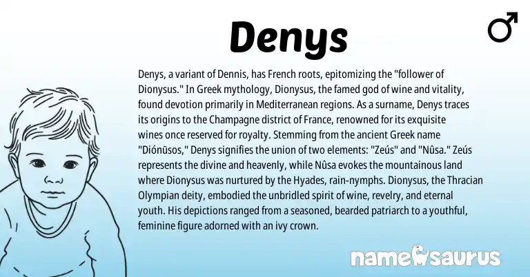 Infographic about Denys name meaning, Denys is a name from French, Greek origin(s).
