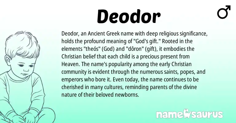 Infographic about Deodor name meaning, Deodor is a name from Ancient Greek, Even origin(s).