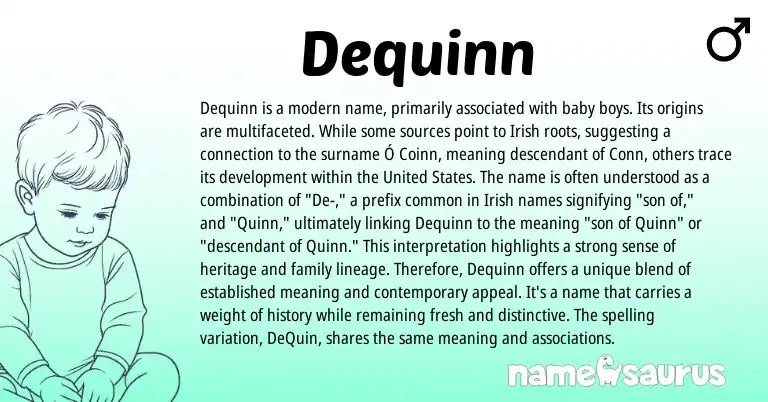 Infographic about Dequinn name meaning, Dequinn is a name from Irish, American origin(s).