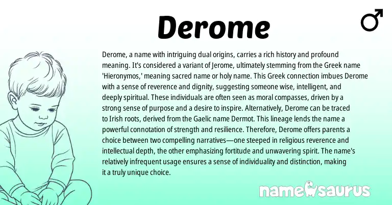 Infographic about Derome name meaning, Derome is a name from French, Greek origin(s).