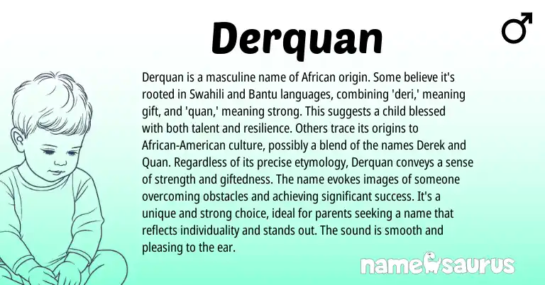 Infographic about Derquan name meaning, Derquan is a name from Bantu, African, Swahili, American origin(s).