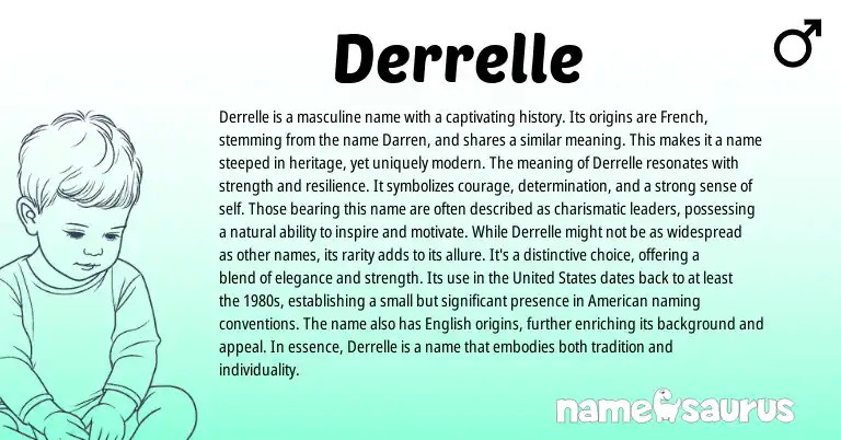 Infographic about Derrelle name meaning, Derrelle is a name from French, American origin(s).