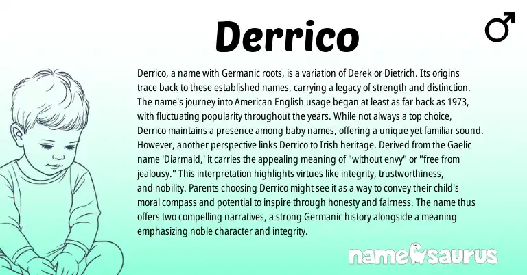 Infographic about Derrico name meaning, Derrico is a name from Gaelic, Irish origin(s).