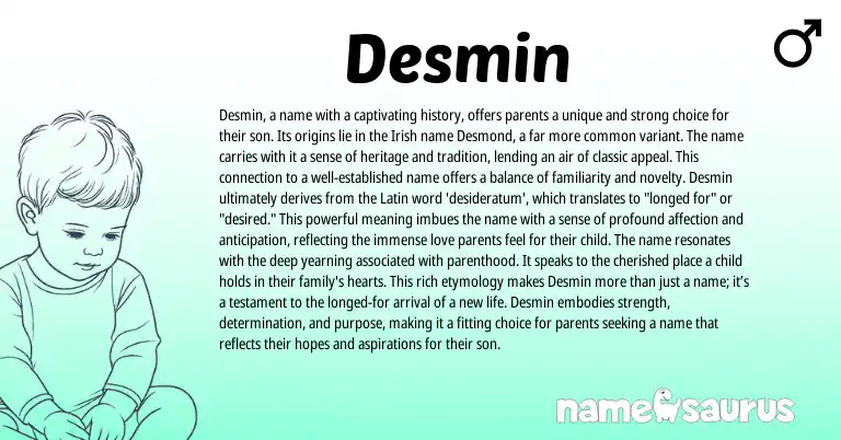 Infographic about Desmin name meaning, Desmin is a name from Latin, English origin(s).