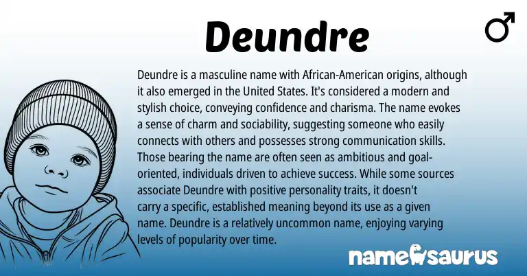Infographic about Deundre name meaning, Deundre is a name from American origin(s).