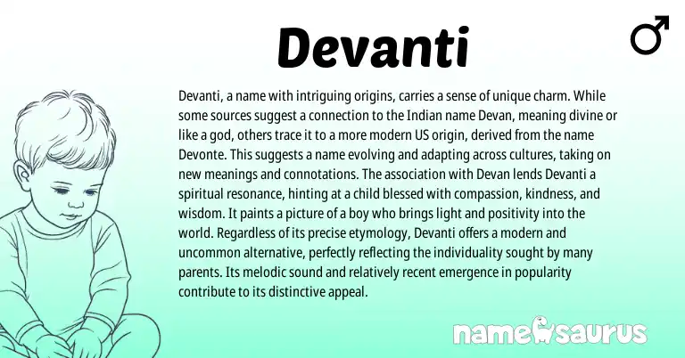 Infographic about Devanti name meaning, Devanti is a name from Indian origin(s).