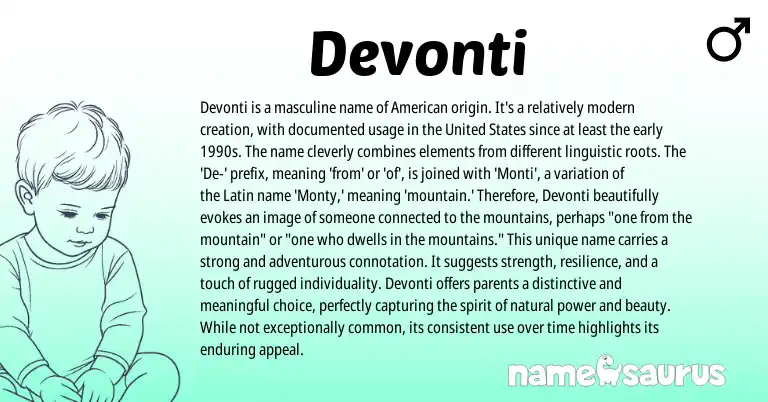 Infographic about Devonti name meaning, Devonti is a name from Latin, American origin(s).