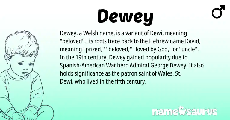Infographic about Dewey name meaning, Dewey is a name from Spanish, Welsh, American, Hebrew origin(s).