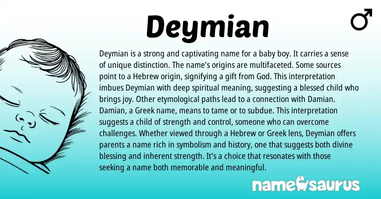 Infographic about Deymian name meaning, Deymian is a name from Germanic, Hebrew origin(s).