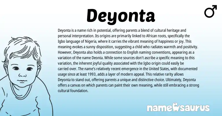Infographic about Deyonta name meaning, Deyonta is a name from Igbo, African origin(s).