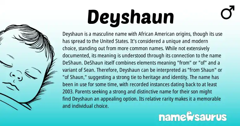 Infographic about Deyshaun name meaning, Deyshaun is a name from American, African origin(s).