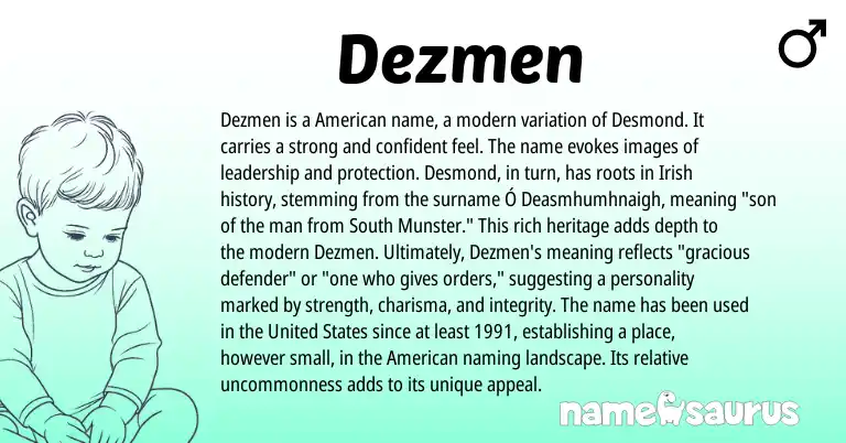 Infographic about Dezmen name meaning, Dezmen is a name from English, American origin(s).