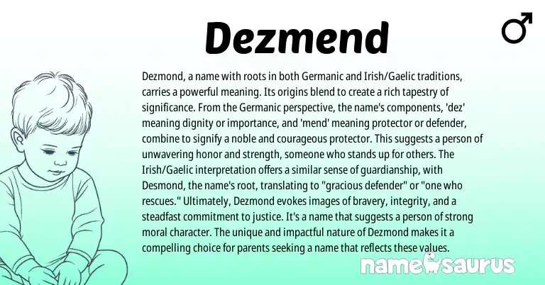 Infographic about Dezmend name meaning, Dezmend is a name from Germanic, English origin(s).