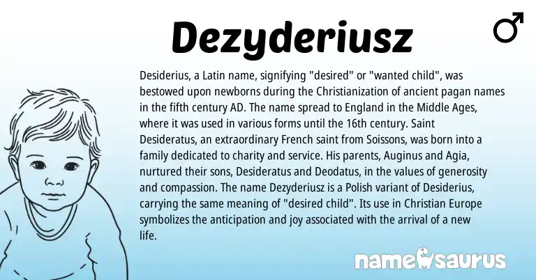 Infographic about Dezyderiusz name meaning, Dezyderiusz is a name from Polish, French, Latin, England origin(s).